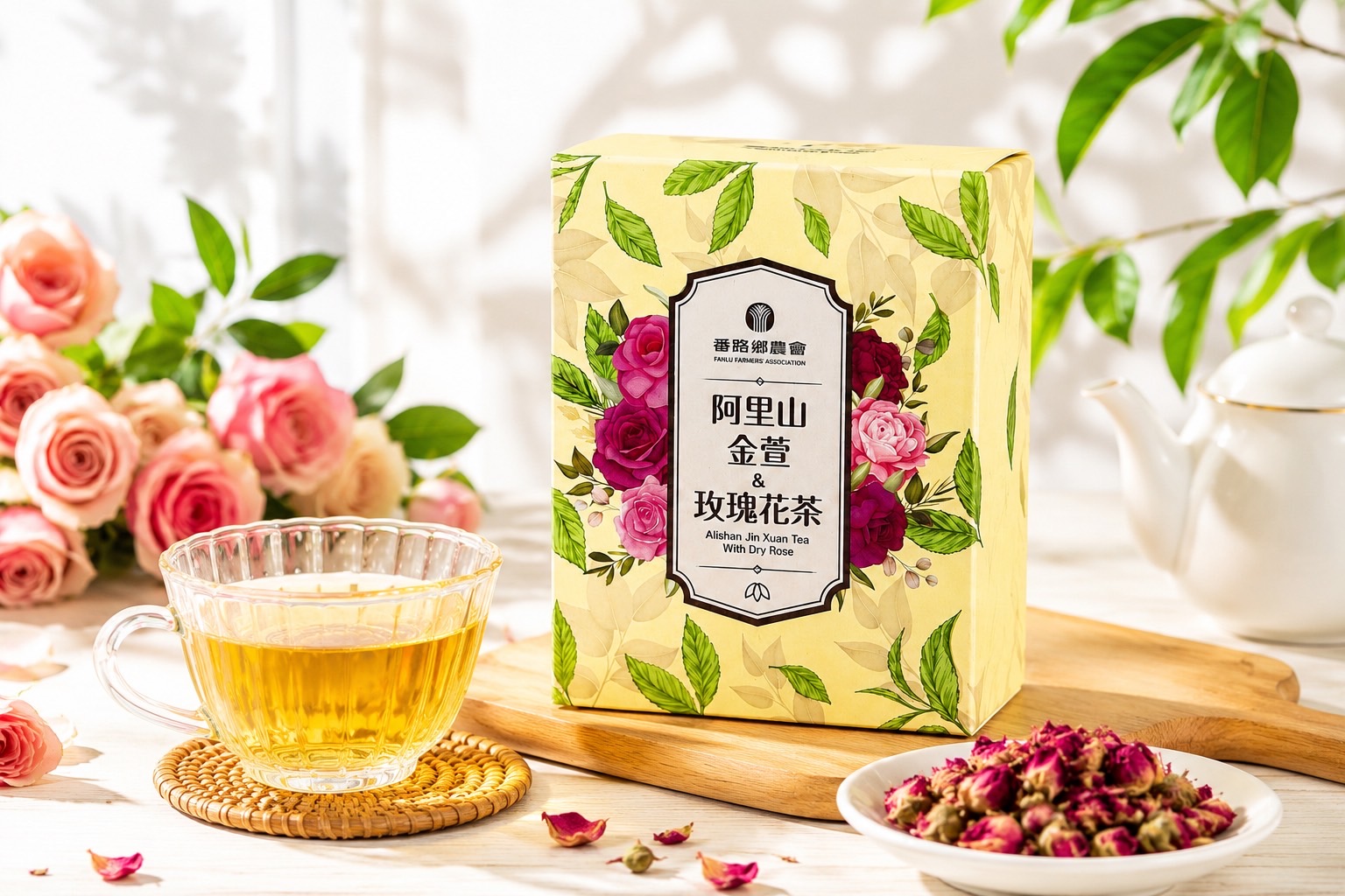 阿里山金萱玫瑰花茶|嘉義優鮮高質感商品圖 阿里山金萱玫瑰花茶 嘉義優鮮 高山金萱茶搭配玫瑰花茶包 高質感商品情境圖